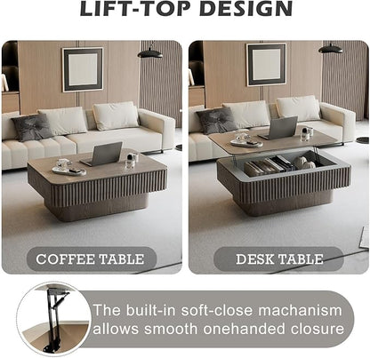 Lift Coffee Table with Storage & Adjustable Height, Rectangle Solid Wood Coffee Table Fluted Center Table Accent Tea Table or Living Room, Apartment, Office (38.6" Grey)