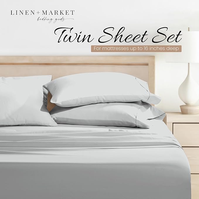 Linen Market Bed Sheets for Twin Size Bed (Light Gray) - Sleep Better Than Ever with These Soft and Cooling Twin Sheets - Deep Pocket Fits 16" Thick Beds - 3 Piece Twin Sheet Set