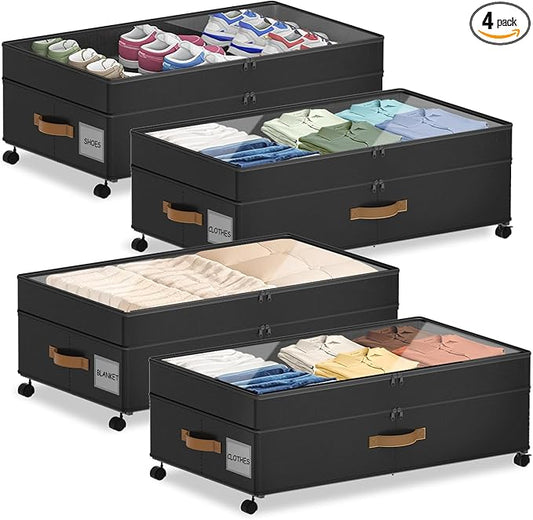 4 Pack Under Bed Storage with Wheels, Adjustable Height Storage Containers, 10 inches Large Capacity Rolling Underbed with Lids, Storage Drawers Shoes, Clothes, Blankets, Black