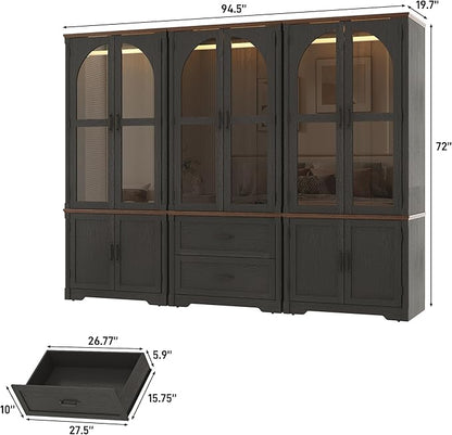 Tall Farmhouse 6 Doors Armoire Wardrobe Closet with LED ,72" Freestanding Arched Wardrobe Closet Cabinet for Bedroom w Glass Doors/Drawers,Wooden Clothing Storage Cabinet,Closets for Bedroom(Black)