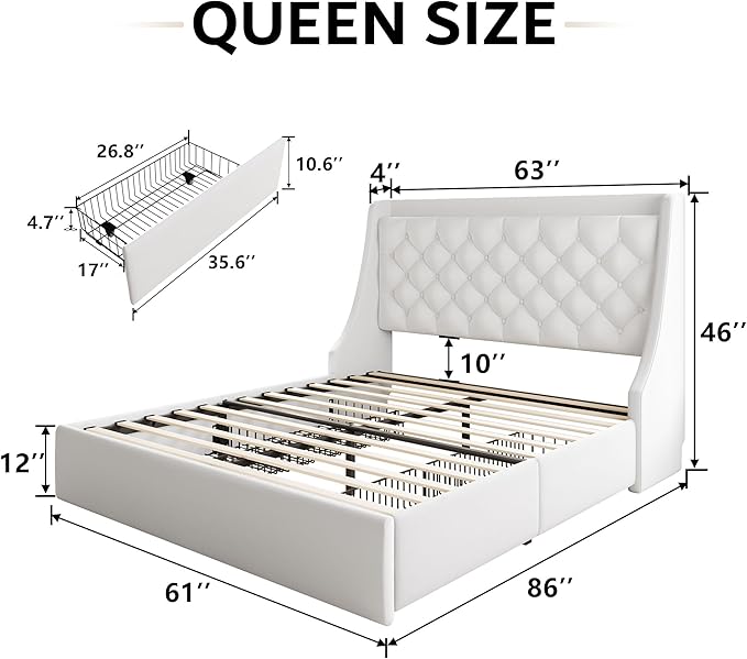 iPormis Queen Bed Frame with 4 Storage Drawers, Upholstered Platform Bed Frame with Type-C & USB Ports, Wingback Storage Headboard, Solid Wood Slats, No Box Spring Needed, White