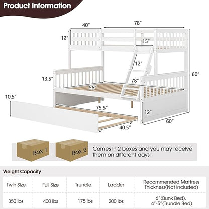 KOMFOTT Wood Twin Over Full Bunk Bed with Trundle, Bunk Bed Frame with Solid Pine Wood Frame, Space-Saving Bed Frame with Ladder & Safety Guardrails, No Box Spring Needed