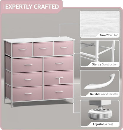 Sorbus Dresser with 9 Drawers - Furniture Storage Chest Tower Unit for Bedroom, Hallway, Closet, Office Organization - Steel Frame, Wood Top, Fabric Bins (Solid Pink, Solid)