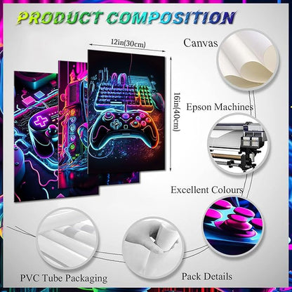 Game Room Decor Posters Set of 3 - Neon Gaming Accessories Theme Canvas Wall Art, Gamer Console Paintings Picture Wall Decor for Children Youth Boys Bedroom 12x16 inch Unframed