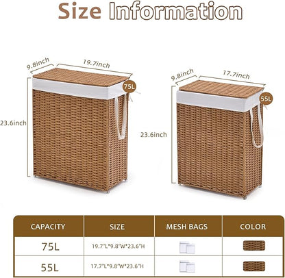 Slim Wicker Laundry Hamper with Lid, 75L Handwoven Rattan Basket with Handles, Narrow Laundry Basket with Removable Liner Bag & 2 Mesh Bags