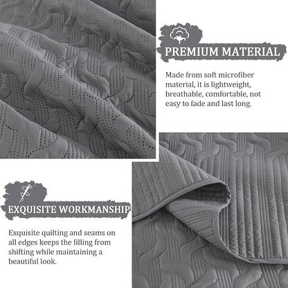 Yiran Grey Quilt Set King Size Lightweight Bedspread Ultrasonic Wave Pattern Soft Microfiber Coverlet for All Season Modern Style 3 Piece Bed Cover Sets with 2 Pillow Shams (106"x96")