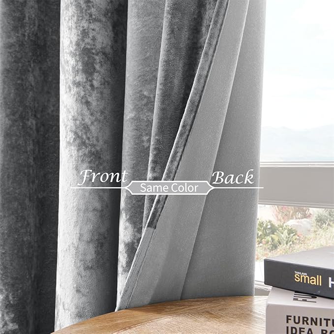 SMILETIME Grey Crushed Velvet Curtains 52x90 inch Luxurious Thermal Insulated Soundproof Drapes for Living Room Bedroom Office Soft and Durable Light-Filtering Window Treatments, 2 Panels