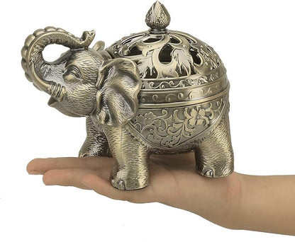 K COOL Metal Backflow Incense Holder Elephant Cone Coil Incense Burner Ash Catcher with Lid, Aromatherapy Ornament Home Office Decoration for Indoor Outdoor (Bronze)