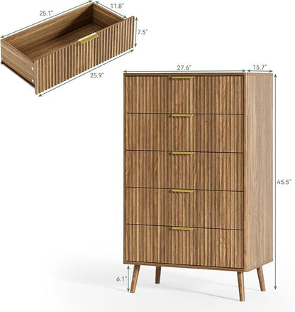 LYNSOM Fluted Dresser and Nightstand Sets 3 Piece, 5-Drawers Dresser and 1-Drawer Nightstands Set of 2, Wood Bedroom Furniture Set for Home, Bedroom, Hallway, Walnut