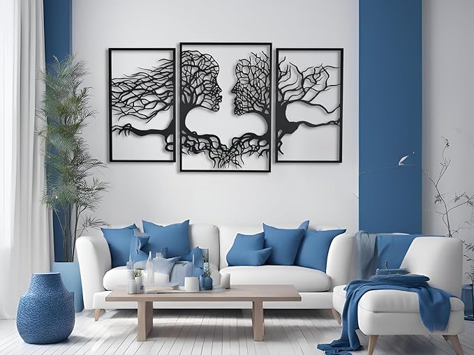 VAILLA Tree of Life Wall Wooden Art Abstract Tree Man Woman Face Large 3D Wooden Wall Decor Set of 3 Hanging Sculpture Modern Home Decoration 3D Textured Sculptures for Living Room Bedroom Office Dinnig Room (71"L x 39"W)