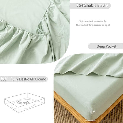 MooMee Fitted Bottom Sheet Only 100% Washed Cotton Linen Like Textured Breathable Durable Soft Comfy Deep Pocket Fits Mattress up to 17" (Sage Green, Twin)