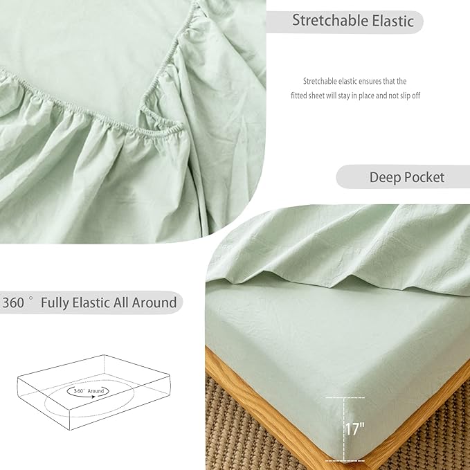MooMee Fitted Bottom Sheet Only 100% Washed Cotton Linen Like Textured Breathable Durable Soft Comfy Deep Pocket Fits Mattress up to 17" (Sage Green, Queen)