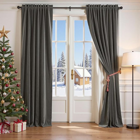 Lazzzy Velvet Blackout Curtains Thermal Insulated Room Window Drapes Super Soft Luxury Curtains for Living Room Bedroom Rod Pocket 2 Panels, Grey, 52" W x 84" L