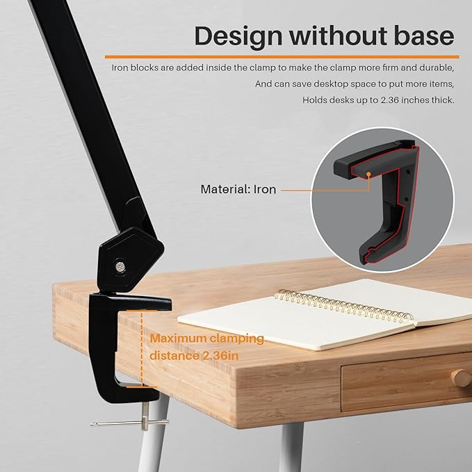 LED Architect Desk Lamp with Clamp, Metal Swing Arm 4500 Lumens Dimming Office Table Lamp for Task Work Drafting Reading Desktop, 342PCS Bright LEDs, 50W Workbench Lamp(Black)
