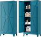 Farmhouse Pantry Cabinet with Barn Doors,61" H x 27.5" W,Metal Cabinet with Adjustable Shelves,4-Tier Storage Cabinet for Kitchen Dining Room Garage,Blue