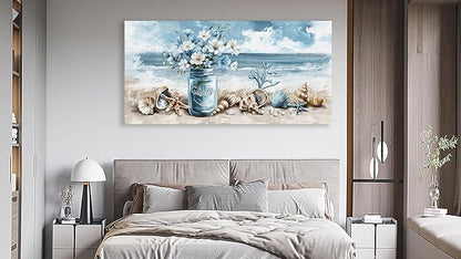 yearainn Coastal Canvas Wall Art - Rustic Jar Flowers Pictures Wall Decor Seashells Seaside Painting Artwork Ocean Landscape Prints for Living Room Bedroom Office Home Decor Ready to Hang 40" x 20"