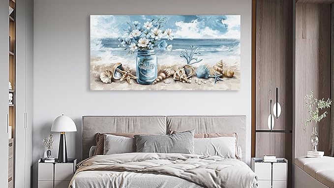 yearainn Coastal Canvas Wall Art - Rustic Jar Flowers Pictures Wall Decor Seashells Seaside Painting Artwork Ocean Landscape Prints for Living Room Bedroom Office Home Decor Ready to Hang 58" x 29"
