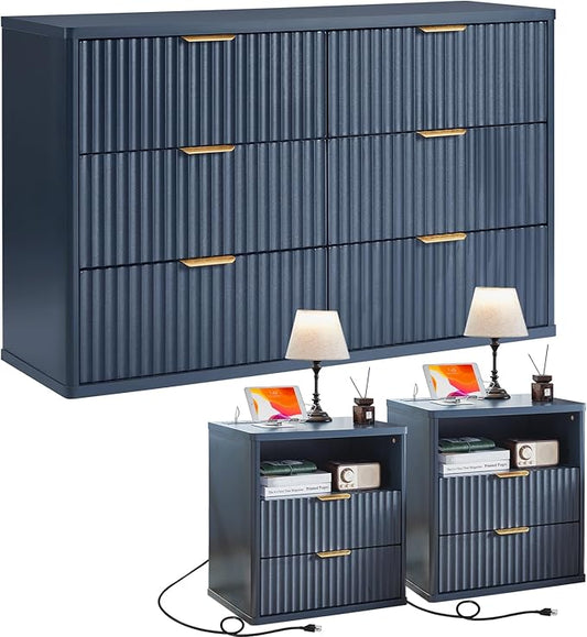 LEYAOYAO 48" Wide Fluted Dresser and 2 Drawers 23" Nightstand Set of 2, Wooden Dresser & Night Stand with Charging Station, 3 Piece Bedroom Furniture Set, Chest of Drawer for Living Room,Blue