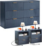 LEYAOYAO 48" Wide Fluted Dresser and 2 Drawers 23" Nightstand Set of 2, Wooden Dresser & Night Stand with Charging Station, 3 Piece Bedroom Furniture Set, Chest of Drawer for Living Room,Blue