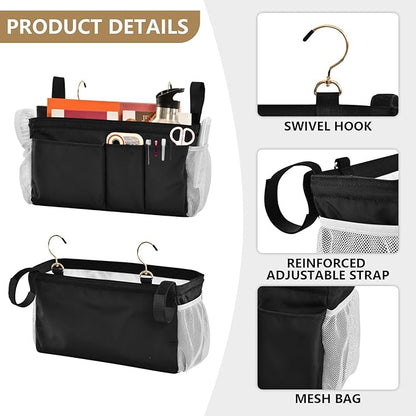 KOPIRIT Black Bedside Caddy Storage Bag Bedside Organizer for Bed Rails College Dorm Room Organizer Caddy Hanging Shelf 6 Pockets with Hooks for Drinks Magazine Phone Holder