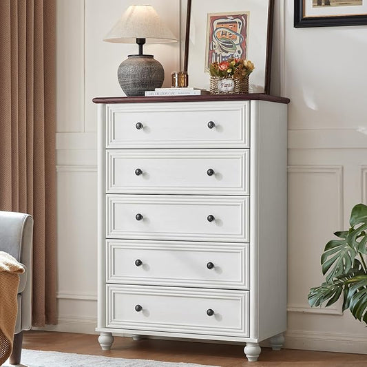 White Dresser for Bedroom, Farmhouse Tall Chest of Drawers Dresser Elegant Large Storage Dressers Organizer with Solid Wood Legs and Metal Handle Closet for Living Room, Hallway Entryway