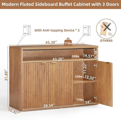 LEYAOYAO Fluted Buffet Cabinet with Storage, 45" Wide Modern Sideboard Credenza with 3 Doors & Open Storage Shelf, Wood Kitchen Console Accent Cabinets, Coffee Bar Table for Dining Room, Tea Brown