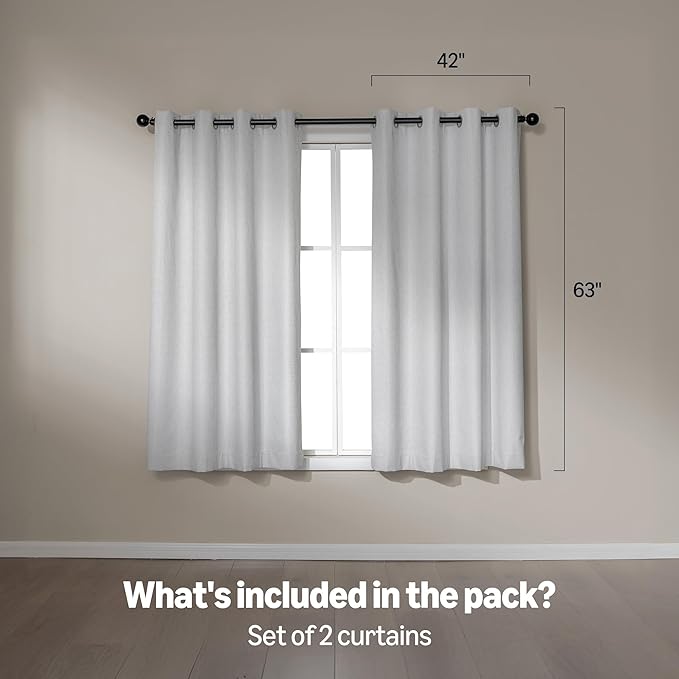 Amazon Basics Faux Linen Blackout Curtains for Bedroom and Living Room, 2-Piece Set with Grommets, 42" W x 63" L, White