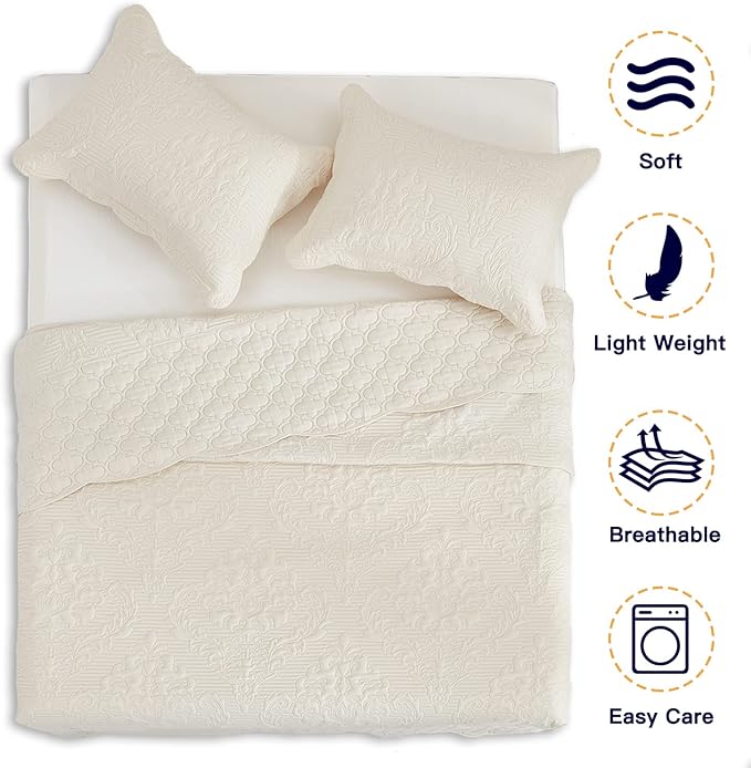CHIXIN Bedspread Coverlet Quilt Set Full Size - Lightweight Bedding Cover - Ultrasonic Quilting - 5 Piece Reversible Bedspread - Elegant Damask Paisley Pattern (Full, Ivory)