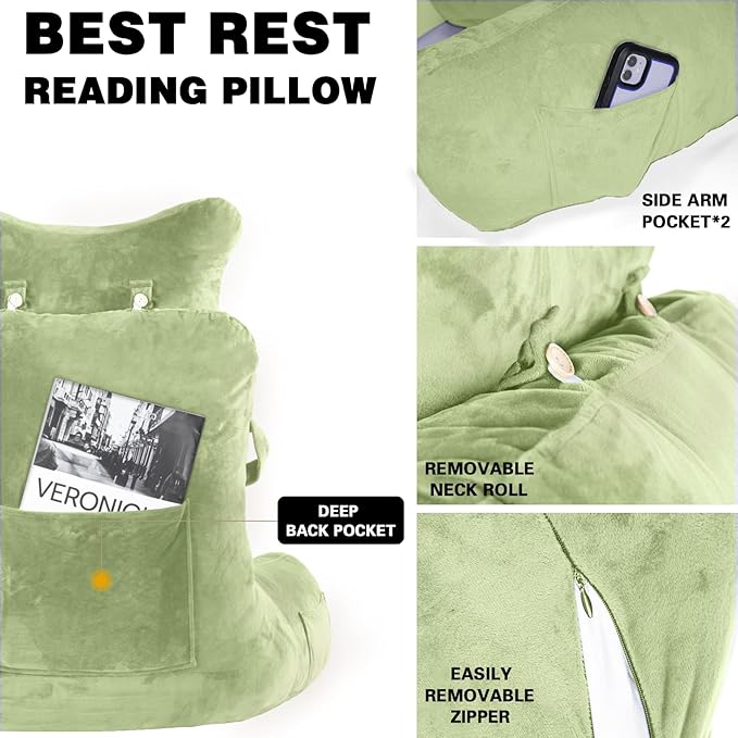 SLIGUY Reading Pillow-Bed Rest Pillow with Detachable Neck Roll & Higher Support Arm for Sitting in Bed Couch or Floor-Backrest Reading Pillow Adult Back Pillow for Reading/Watching TV/Gaming,Green
