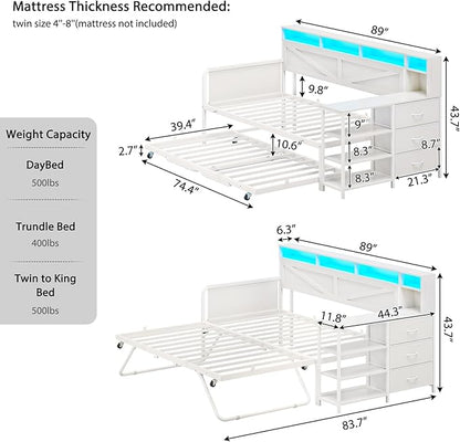 VIAGDO Daybed Twin with Pop Up Trundle, Farmhouse Wooden Day Bed Frame with 3 Storage Drawers and Shelves, Twin to King Daybed with Charging Station and LED Lights for Bedroom, Guest Room, White