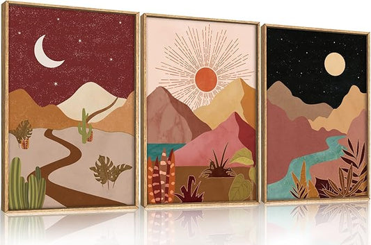 LHIUEM Large Boho Southwest Mountain Framed Canvas Wall Art,Abstract Desert Colorful Wall Decor,Nature Moon and Sun Wall Painting,Bohemian Artwork for Living Room,Bedroom,Dining Room,Office -16"x24"x3