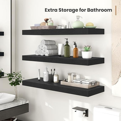 Heimlove 12" Deep Floating Shelves, 36 x 12 Inch Wall Mounted Long Floating Shelf with Invisible Brackets, for Home Decor, Bedroom, Kitchen, Living Room, Bathroom - 2 Pack, Black