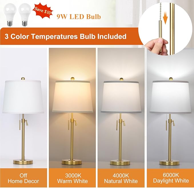 2 Pack 22"-30" Adjustable Height Table Lamps Set, Modern Gold Table Lamps with White Shade 3 Colour Temperature Pull Chain Tall Lamps for Living Room Bedroom Bedside End Table Nightstand