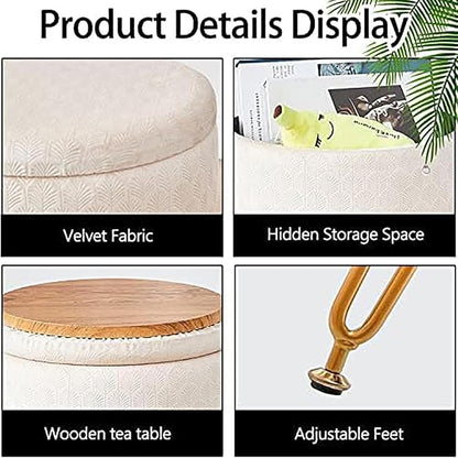 Cpintltr Modern Velvet Foot Rest Stool Upholstered Round Storage Ottomans Multipurpose Dressing Stools Luxury Home Decor Ottoman Coffee Table Top Cover Footstool with Metal Legs for Couch Beige