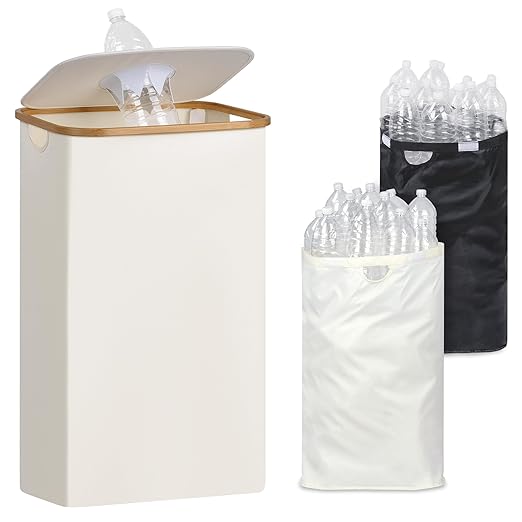 iEGrow 29 Gallons Recycling Bins for Kitchen, Indoor Recycle Bins with Lid, 110L Large Recycle bin with 2 Removeable Reusable Inner Bags, for Bottles Cans Glass Plastice Cartons(Beige)