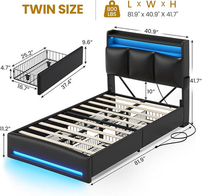 VIAGDO Twin Bed Frames with Storage Headboard and Charging Station, Leather Upholstered Bed Frame Twin Size with 4 Drawers and LED Lights, Type C and USB, No Box Spring Needed, Black