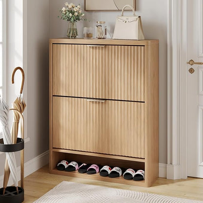 Fluted Shoe Cabinet Storage with 2 Flip Drawers, Narrow Shoe Storage Organizer for Entryway, Hidden Slim Wooden Shoe Rack Cabinet for Front Door Entrance, Hallway, Living Room (2-Drawer, Oak)