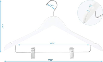 TOPIA HANGER Wooden Suit Hangers with Adjustable Metal Clips (20 Pack), Solid Smooth Wood Clothes Hangers, 360° Swivel Hook, Premium Pants Hangers for Clothes Coat, Jeans, Blouse-White,CT28W20