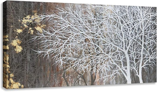 RICHSPACE ARTS Neutral Wall Art for Bedroom Landscape Tree Painting with Gold Foil Modern Rustic Wall Decor (20W*40L)