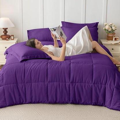 JOLLYVOGUE Queen Comforter Set, Ultra-Soft Bed in a Bag Queen Size 7 Pieces, Oeko-TEX Certified Bedding Set with Down Alternative Comforter, Sheets, Pillowcases & Shams, Purple