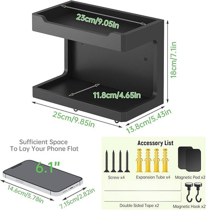 NiHome Large Wall Mounted Wooden Bedside Organizer, Double Storage Shelves & Magnetic Hooks, Solid Wood Bedside Shelf for Phone Glasses Remote Keys, Space-Saving Wall Rack for Bedroom RV Dorm (Black)