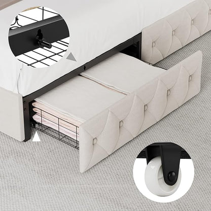 Keyluv Queen Upholstered LED Bed Frame with 4 Drawers, Velvet Platform Storage Bed with Adjustable Button Tufted Headboard and Solid Wooden Slats Support, No Box Spring Needed, Beige
