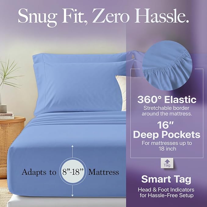 Carressa Linen 100% Egyptian Cotton Queen Sheet Set - 600 Thread Count Egyptian Cotton Queen Sheets Set (4 PC, Marine Blue), Ultra Soft, Cooling, 16" Deep Pocket Sateen Weave Luxury Hotel Bed Sheet