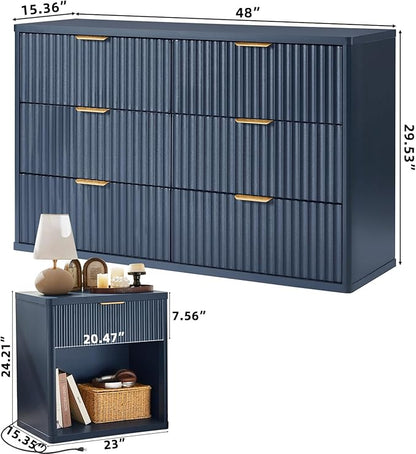 LEYAOYAO 48" Wide Fluted Dresser and 1 Drawers 23" Nightstand Set of 2, Wooden Dresser & Night Stand with Charging Station, 3 Piece Bedroom Furniture Set, Chest of Drawer for Living Room,Blue