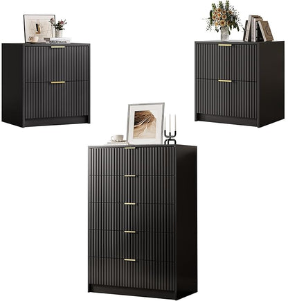 3-Piece Dresser Bedroom Set, 5 Drawer Dresser & 2 Drawer Nightstands with Gold Handles, Fluted Wood Chest of Drawers for Bedroom, Living Room, Entryway, Black