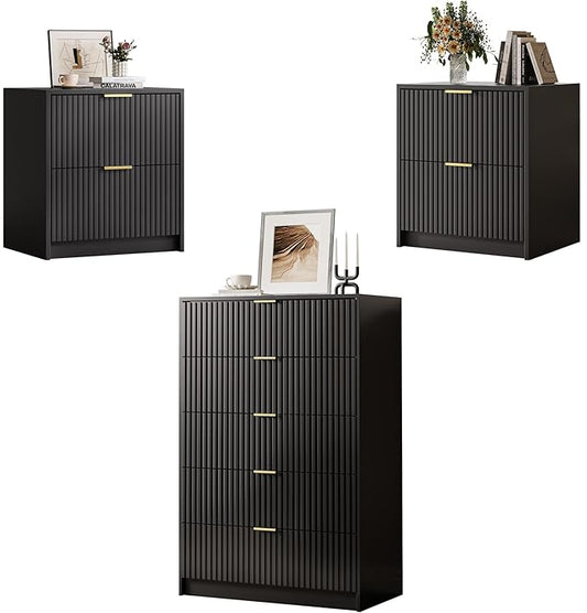 3-Piece Dresser Bedroom Set, 5 Drawer Dresser & 2 Drawer Nightstands with Gold Handles, Fluted Wood Chest of Drawers for Bedroom, Living Room, Entryway, Black