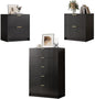 3-Piece Dresser Bedroom Set, 5 Drawer Dresser & 2 Drawer Nightstands with Gold Handles, Fluted Wood Chest of Drawers for Bedroom, Living Room, Entryway, Black