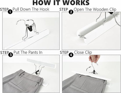 Amber Home 10 Pack White Wooden Pants Hangers, Wood Clamp Hangers with Non Slip Padded Velvet, Jeans/Slacks Hangers Hair Extension Hangers for Skirts, Trousers, Wigs (White, 10)