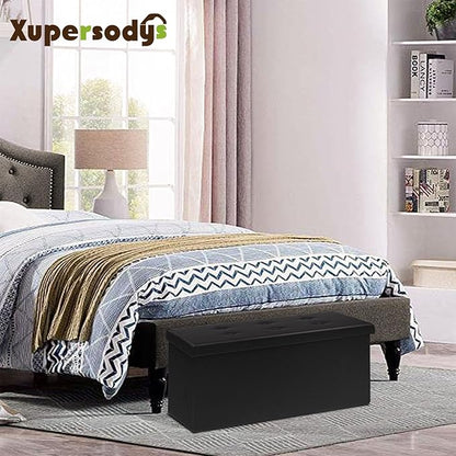 xupersodys 30 Inches Folding Storage Ottoman Bench, Faux Leather Footstool Ottoman, Storage Trunk Footrest for Bedroom, Living Room and Hallway, Support 350lbs, Black（Black line）