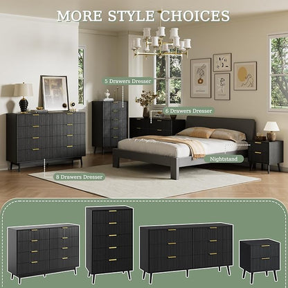 LYNSOM Fluted Dresser and Nightstand Sets 3 Piece, 9-Drawers Dresser and 1-Drawer Nightstands Set of 2, Wood Bedroom Furniture Set for Home, Bedroom, Hallway, Black